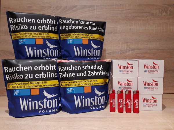 4x Winston Blue Zip Bag Volumentabak 100g + 1200 Winston Hülsen + 4 Feuerzeuge