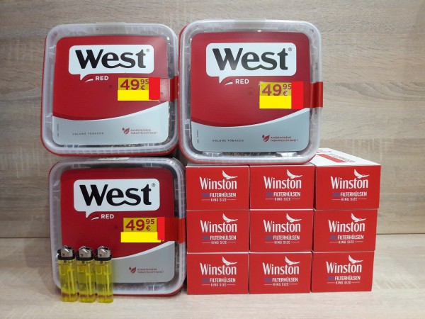 3x West Red GIGA 245g Volumentabak + 1800 Filterhülsen + 3 Feuerzeuge