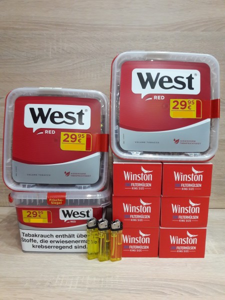 3 x West Red 120gr Volumentabak + 1200 Filterhülsen + 3 Feuerzeuge