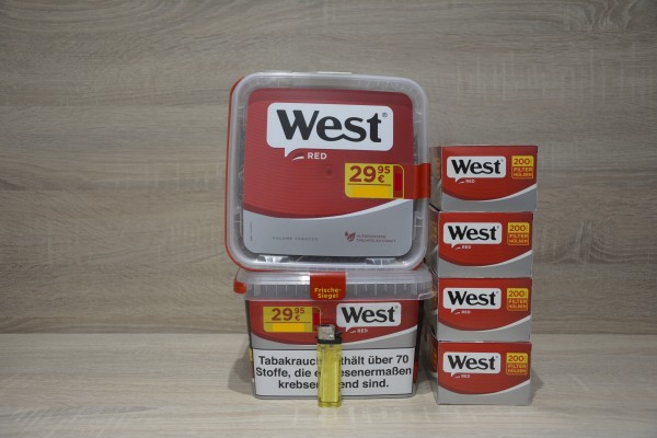 2x West Red 140g Volumentabak + 800 Filterhülsen + 1 Feuerzeug
