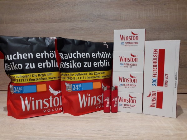 2x Winston Zip Bag 150g Volumentabak + 1000 Standard Hülsen + 2 Feuerzeuge