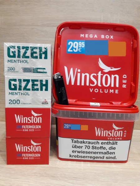 2x Winston Red Volumentabak Mega Box + 400 Winston / 400 Menthol Hülsen + Feuerzeug