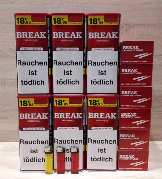 6x BREAK Original 110g Volumentabak + 1200 Break Hülsen + Feuerzeuge